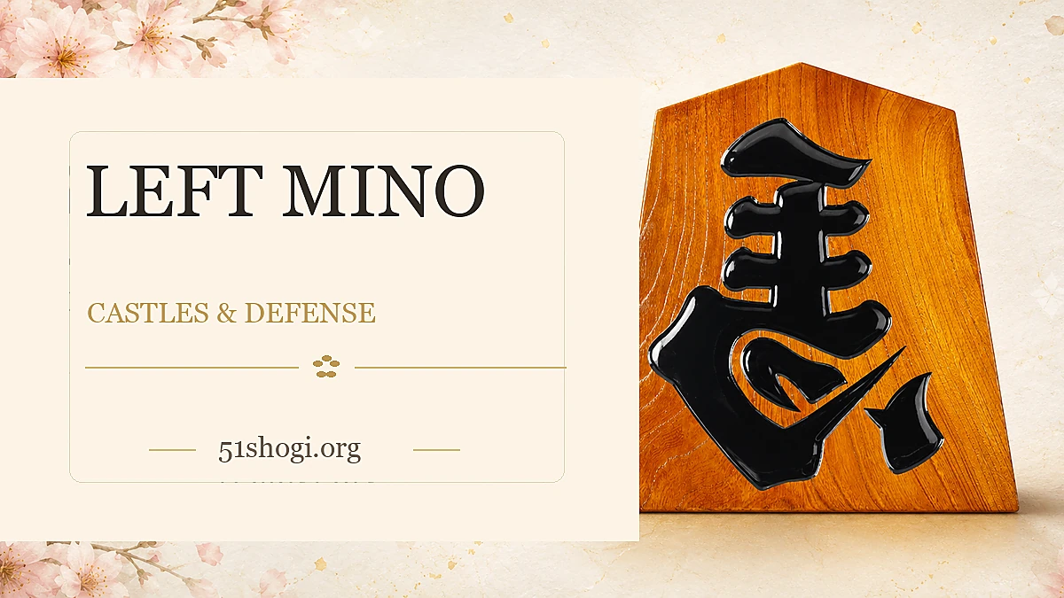 Left Mino: Static Rook Defense Against Ranging Rook Opponents featured image with a premium Japanese shogi piece and sakura-style washi background