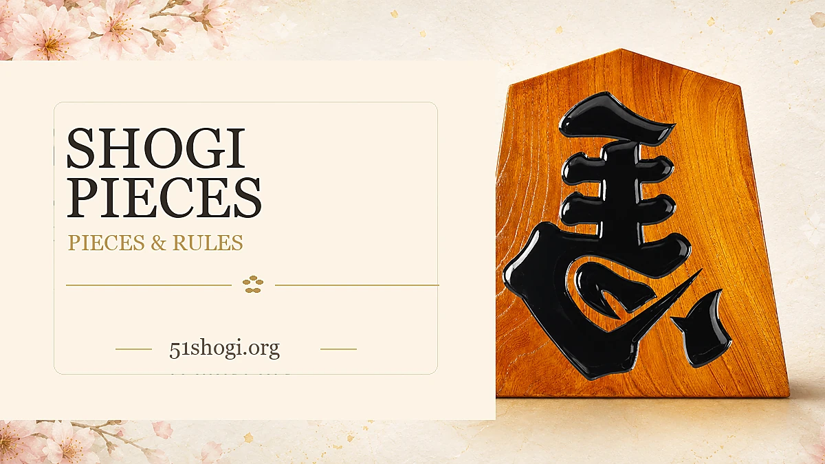 Shogi Pieces Explained: How Each Piece Moves (Complete Guide) featured image with a premium Japanese shogi piece and sakura-style washi background